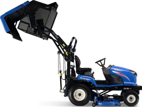 Iseki Diesel-Rasentraktor mit Aufnahme, Hochentleerung SXG 327 mit SCMB48 und SBC650